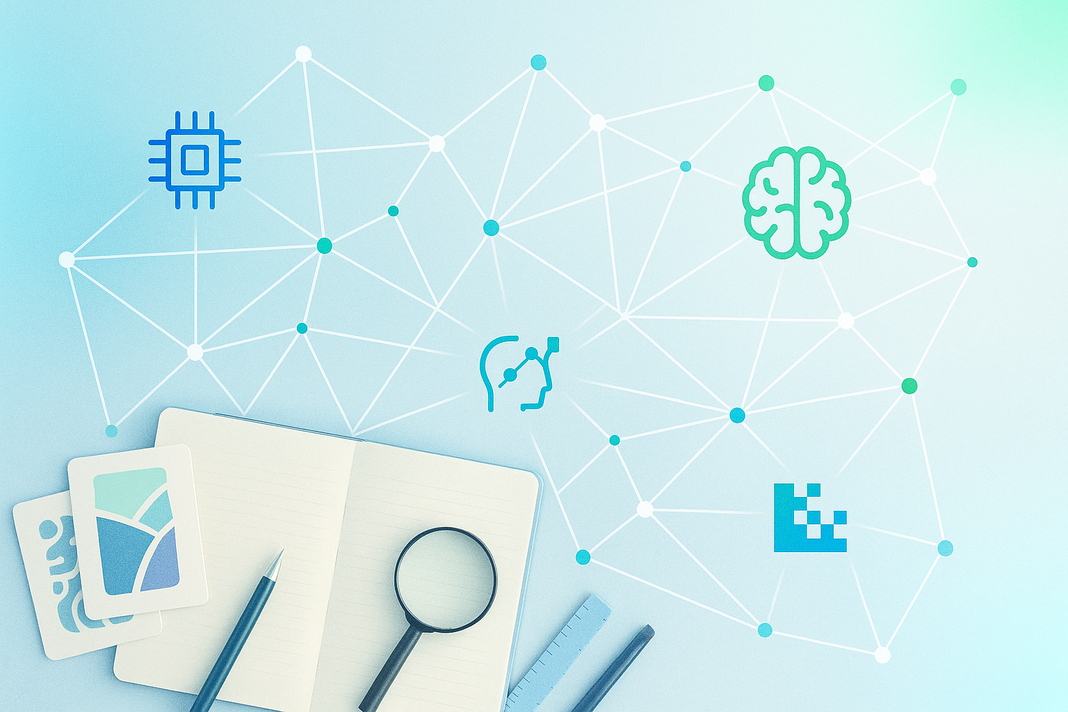 Minh họa khái niệm kỹ năng tương lai: biểu tượng công nghệ, dữ liệu và hợp tác